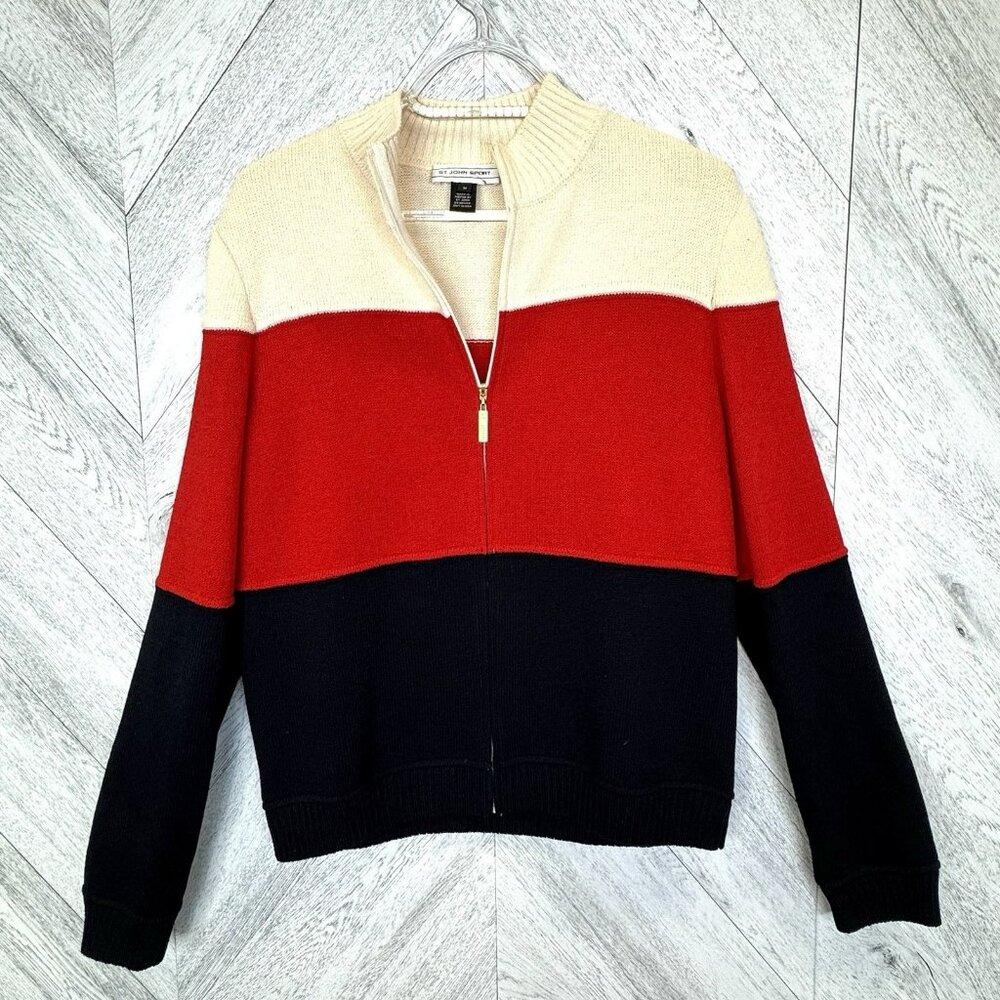 St. John Sport Cardigan Sweater Size Medium Colorblock Zip Front Wool Blend
